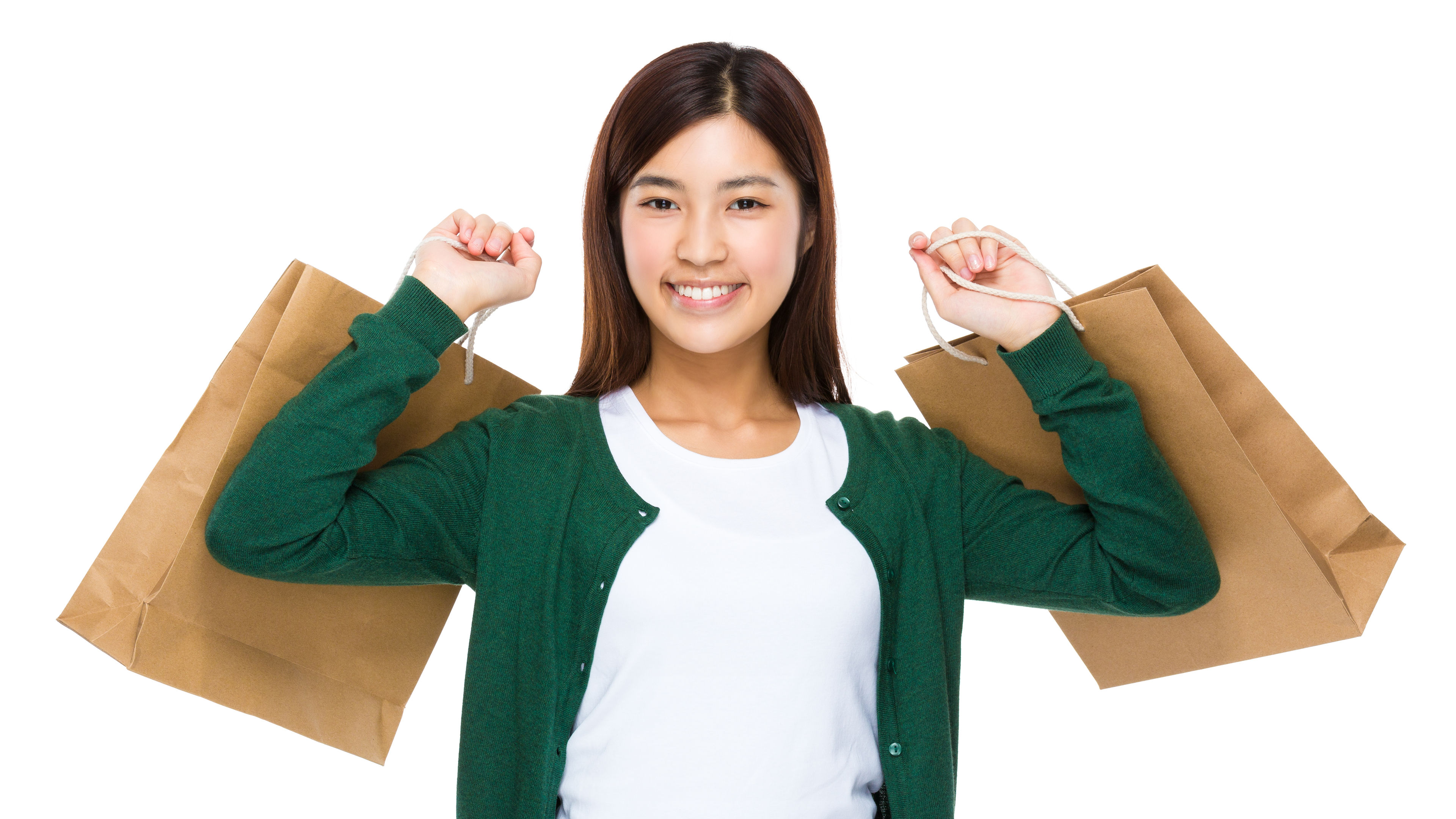 Asian Woman hold sa shopping bag sa brown color