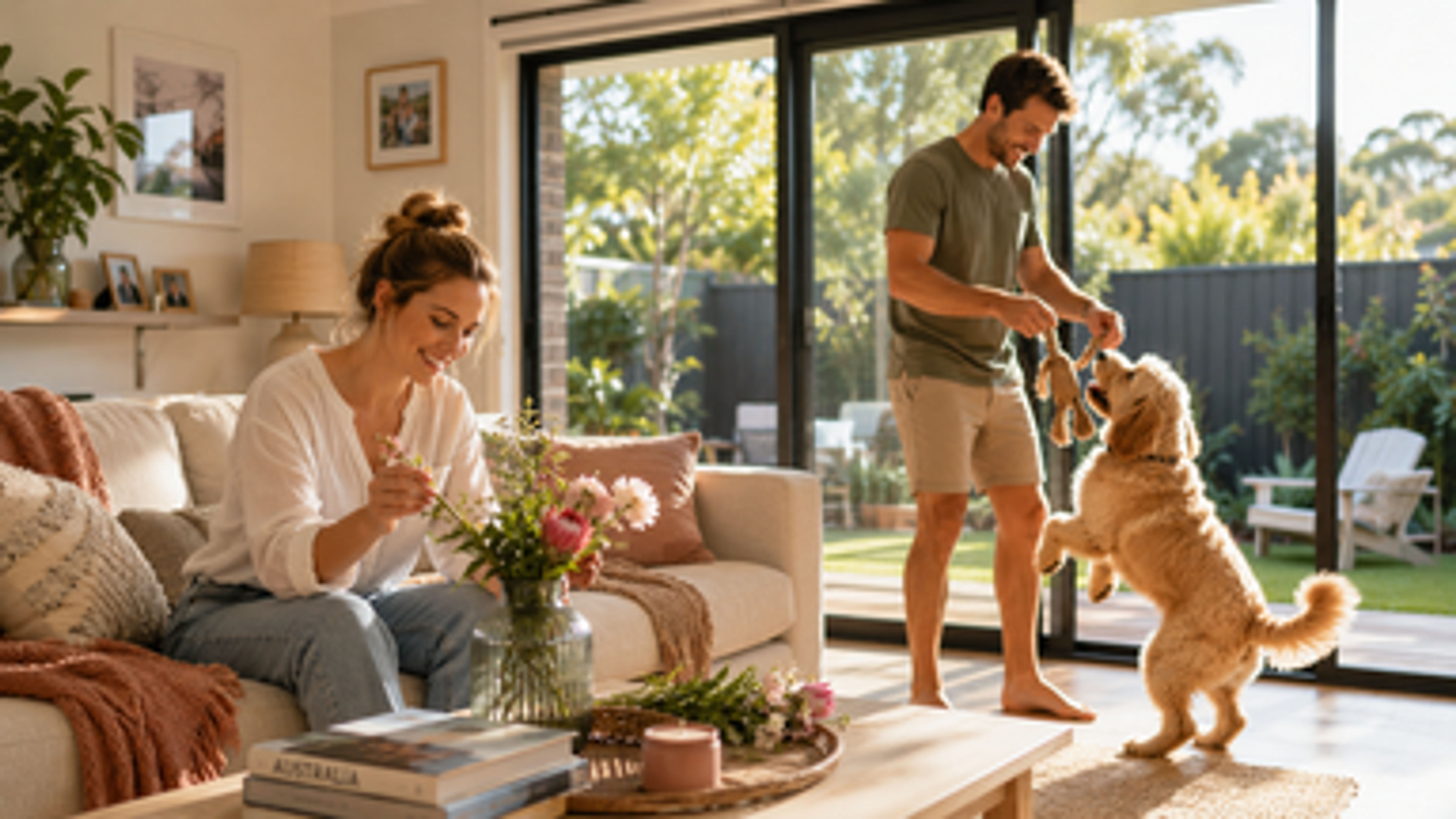 An english couple in home, with husband playing with dog.