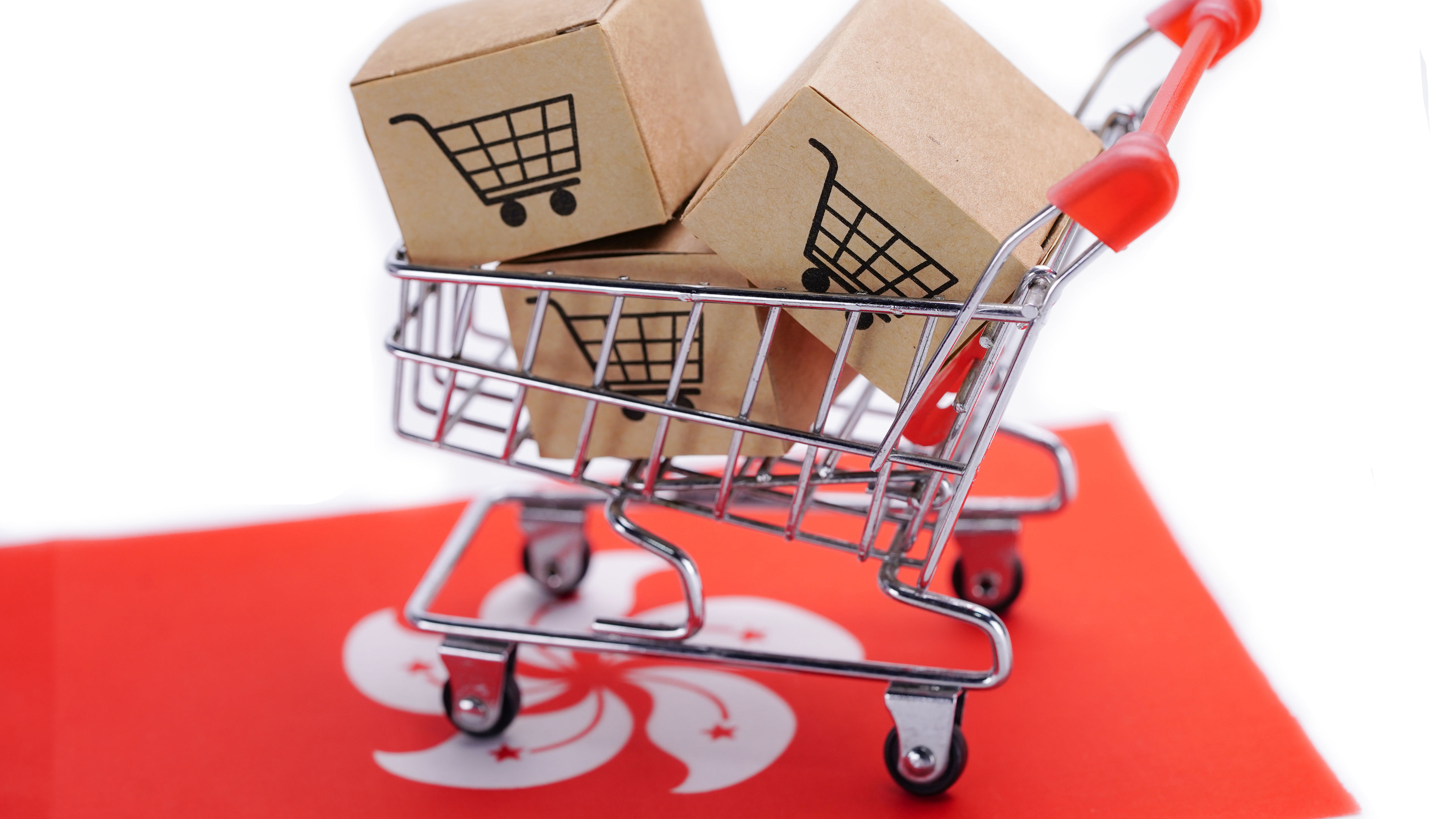 Box with shopping cart logo and Hong Kong flag   