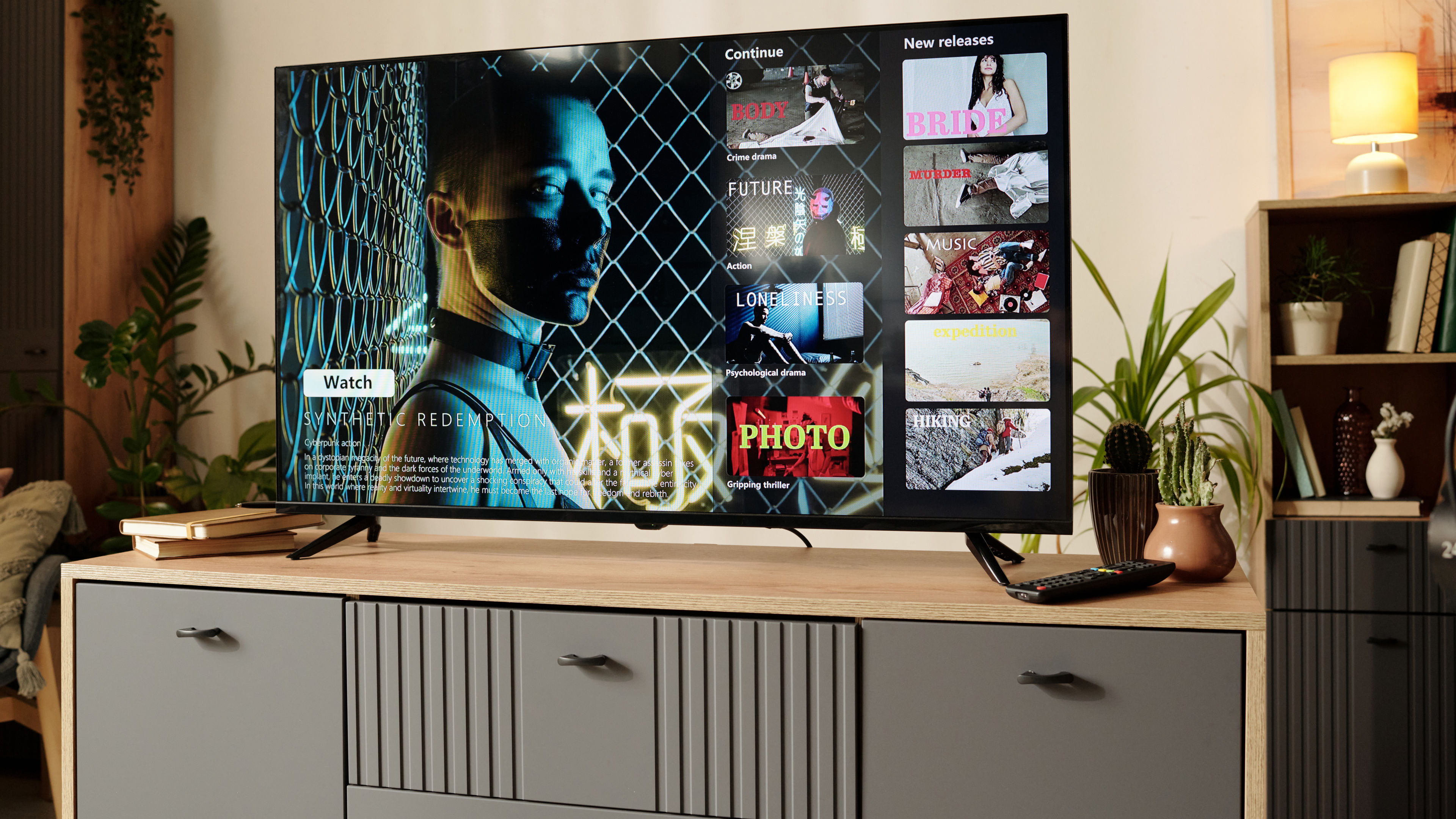 Watching Movie on Modern Living Room Television Screen