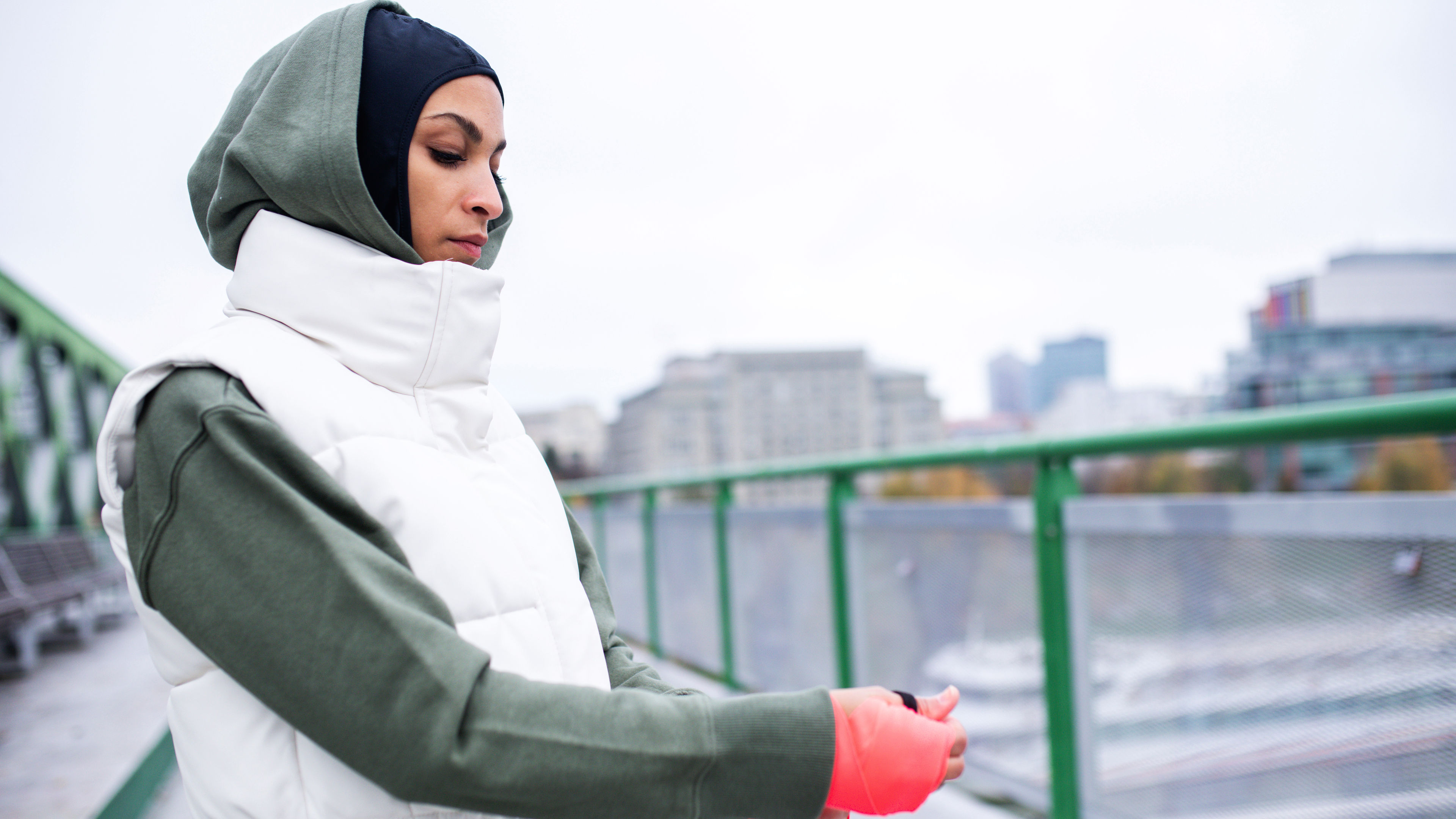 A woman in white puffer jacket