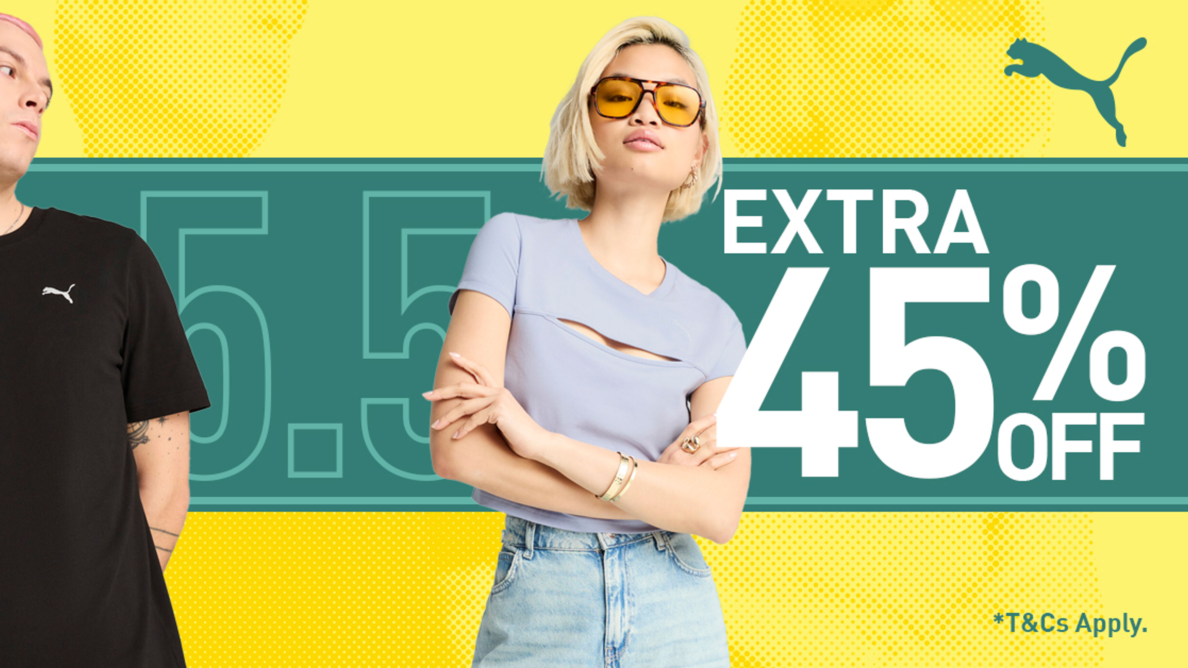 Imej sepanduk Puma-5.5 jualan diskaun 45%.