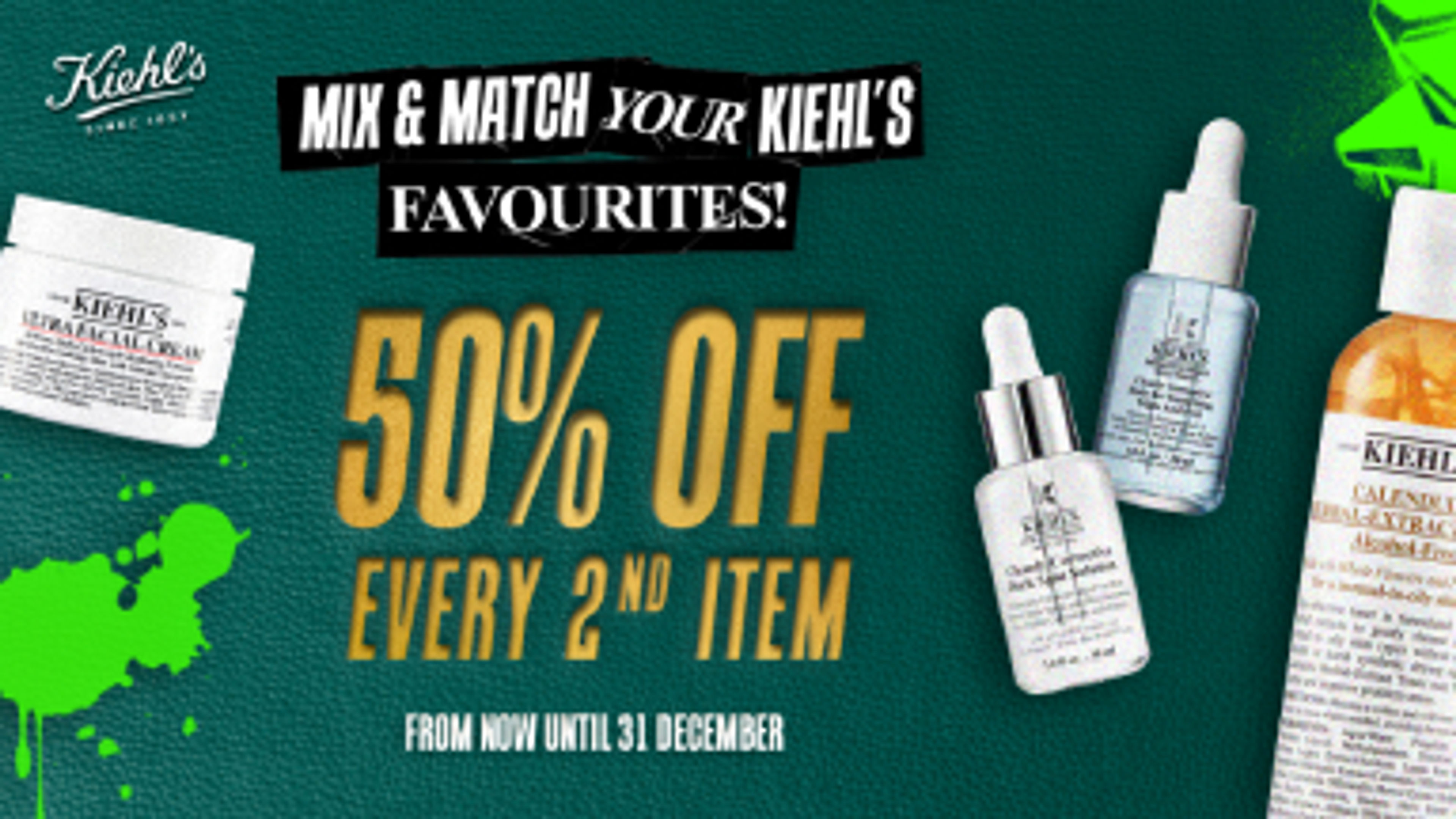 A banner image of Kiehls regatding 50% off.