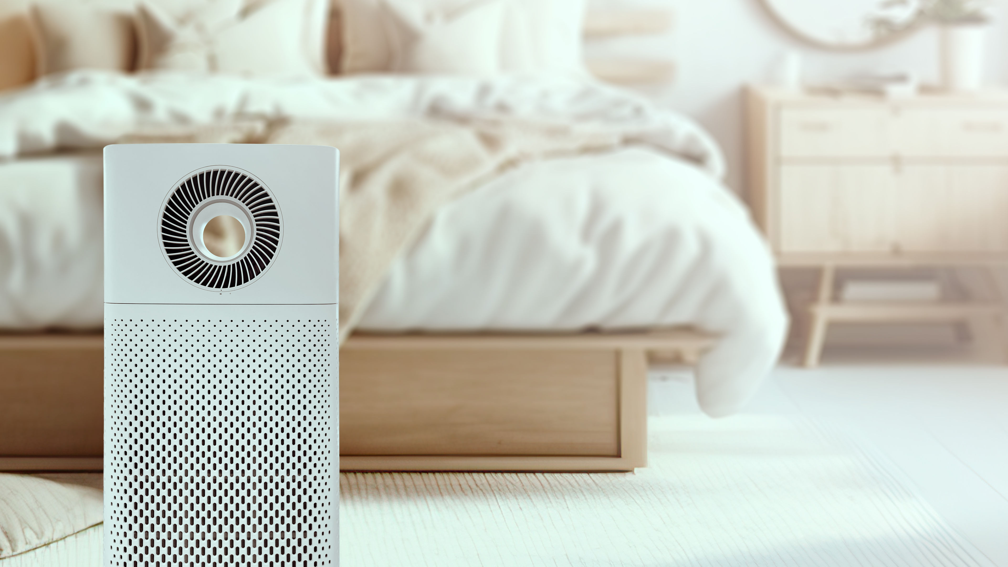 Air purifier white bedroom for filter and cleaning removing dust