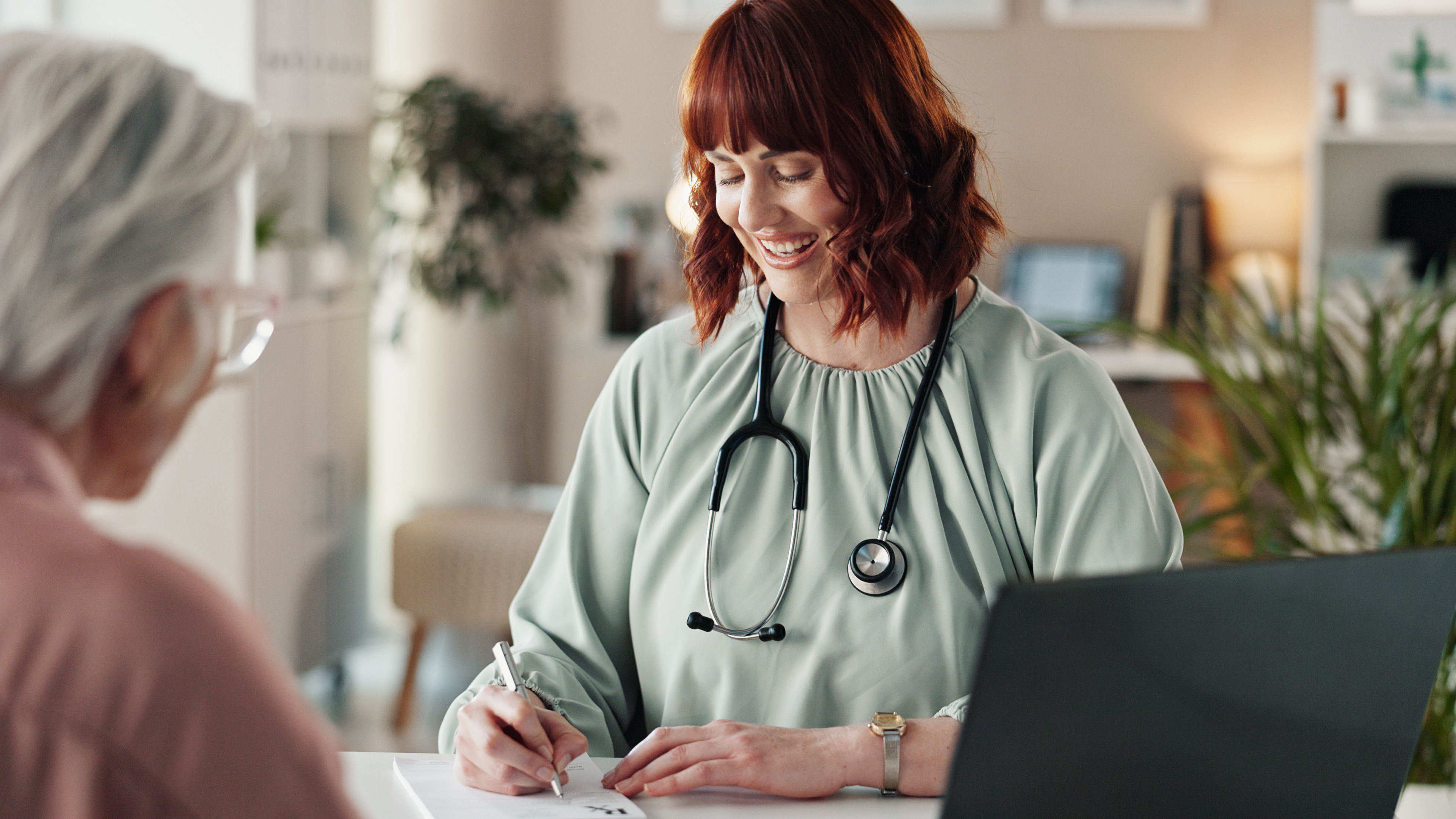 Doctor, senior patient or writing prescription, results or notes for checkup, diagnosis or consultation 