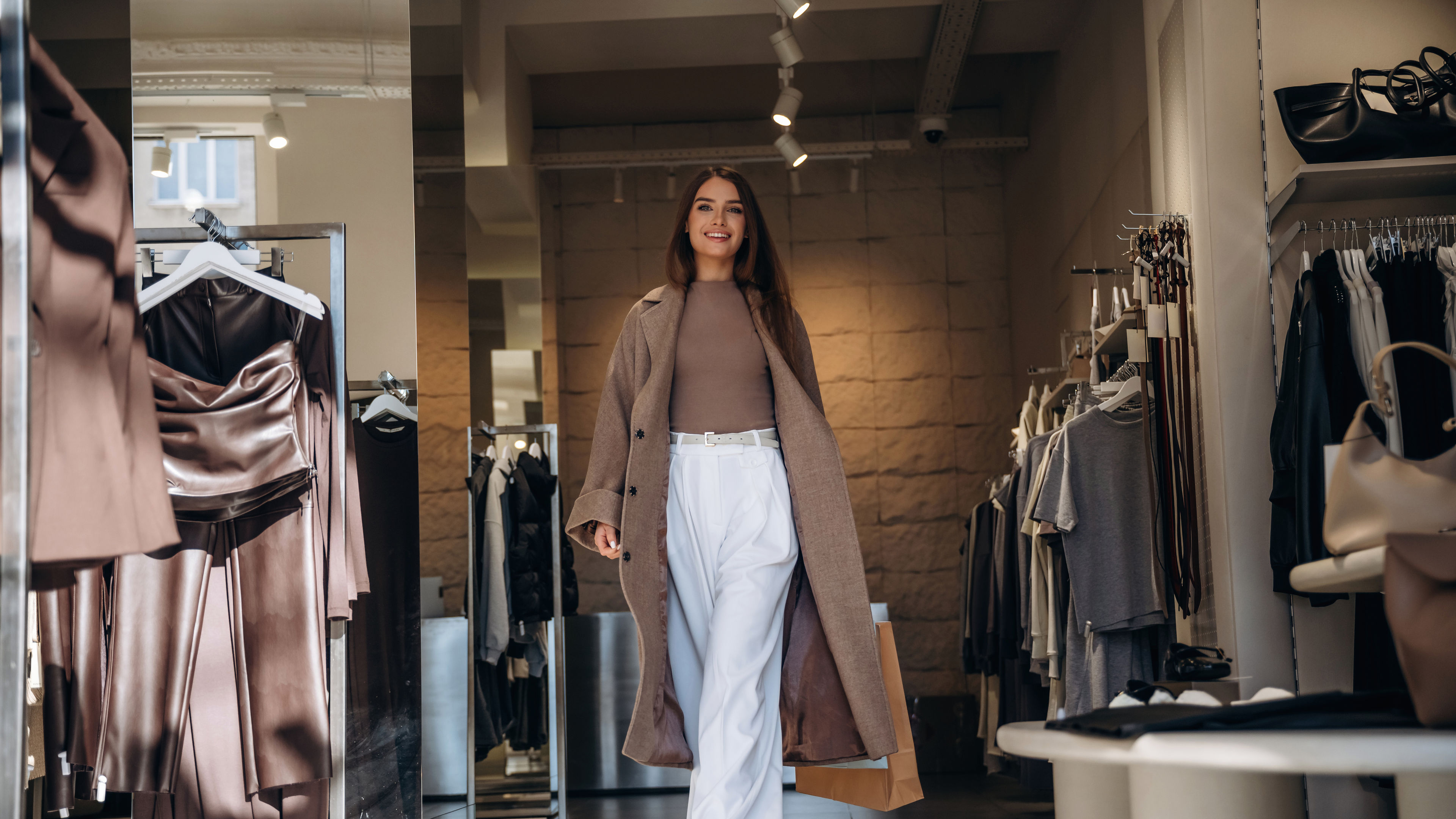 A woman browses a retail store, elegantly dressed and carrying shopping bags. 